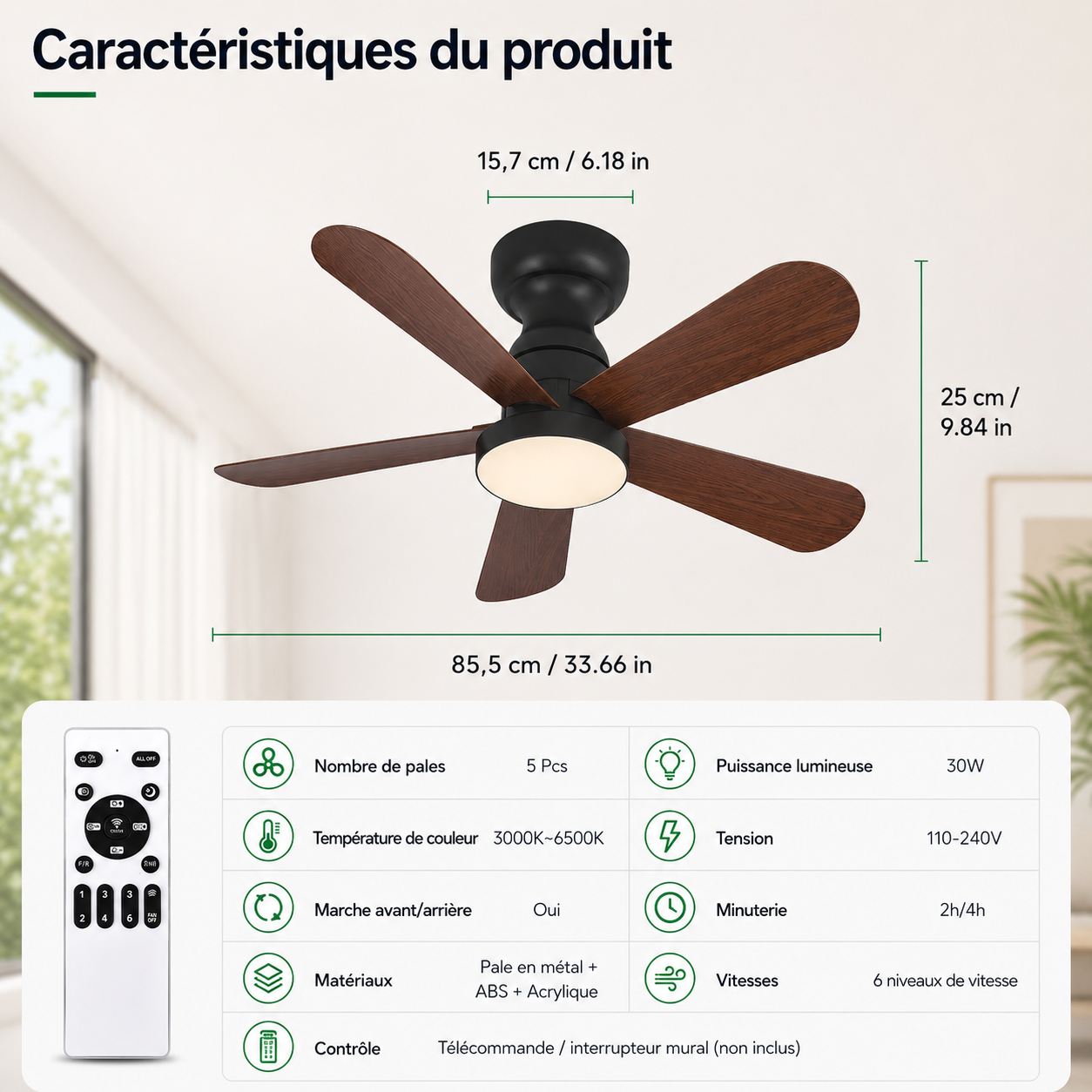 Ventilateur de Plafond Fendelier - Effet Bois Noir 86cm LED