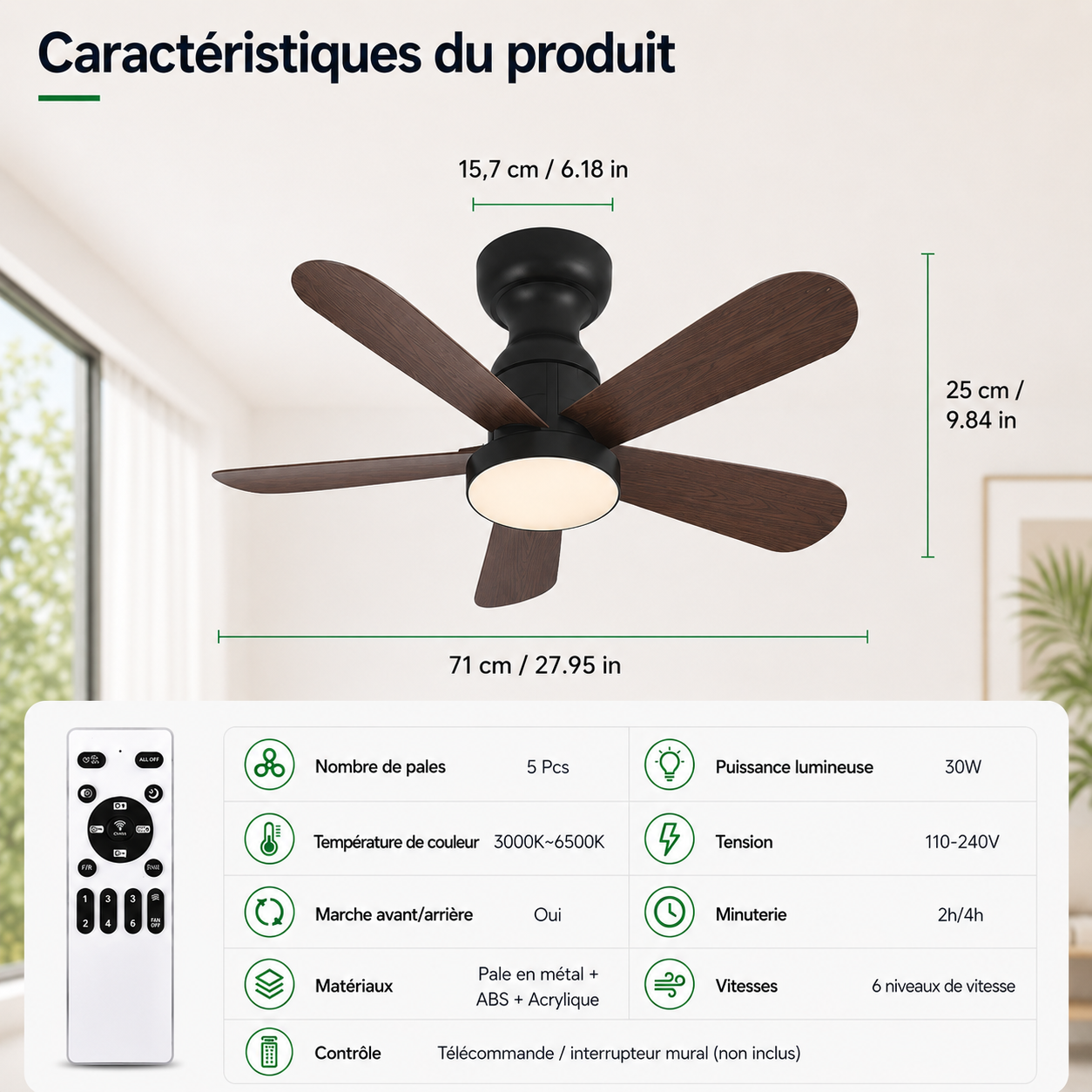 Ventilateur de Plafond Fendelier - Effet Bois Noir 71cm LED