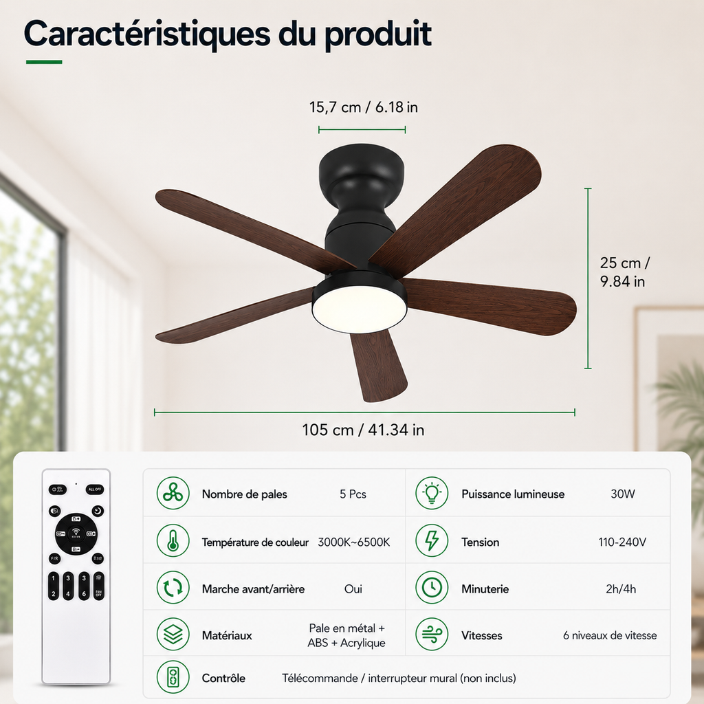 Ventilateur de Plafond Fendelier - Effet Bois Noir 104cm LED