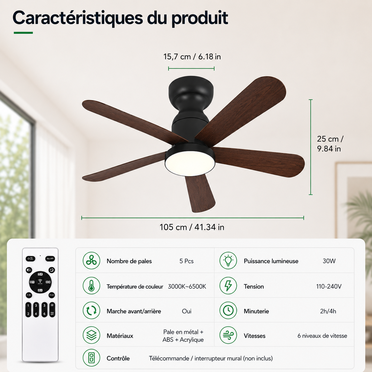 Ventilateur de Plafond Fendelier - Effet Bois Noir 104cm LED
