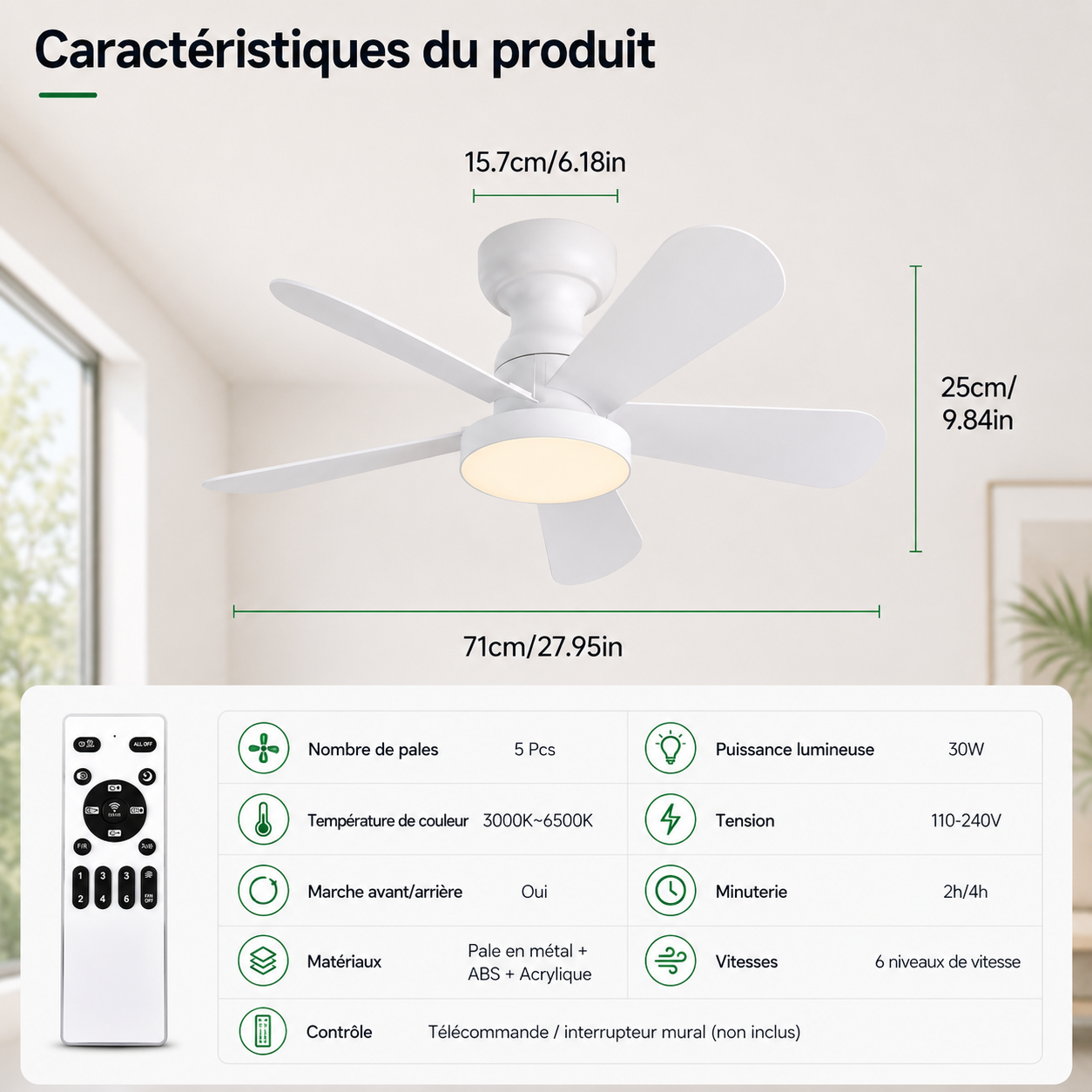 Ventilateur de Plafond Fendelier - Blanc 71cm LED
