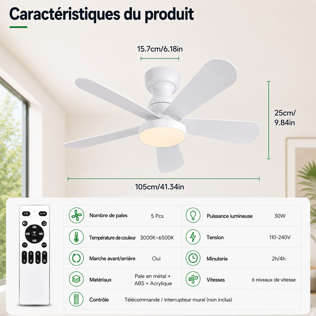 Ventilateur de Plafond Fendelier - Blanc 104cm LED