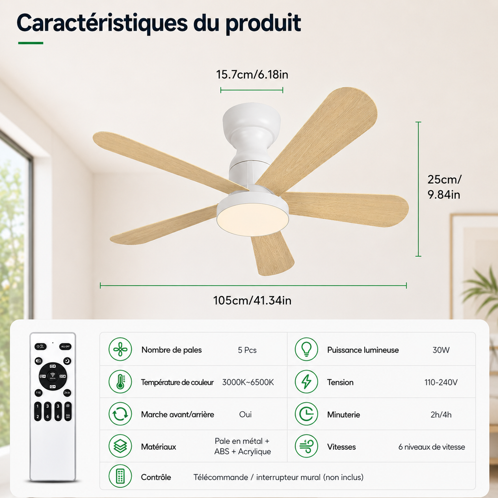 Ventilateur de Plafond Fendelier - Effet Bois Blanc 104cm LED