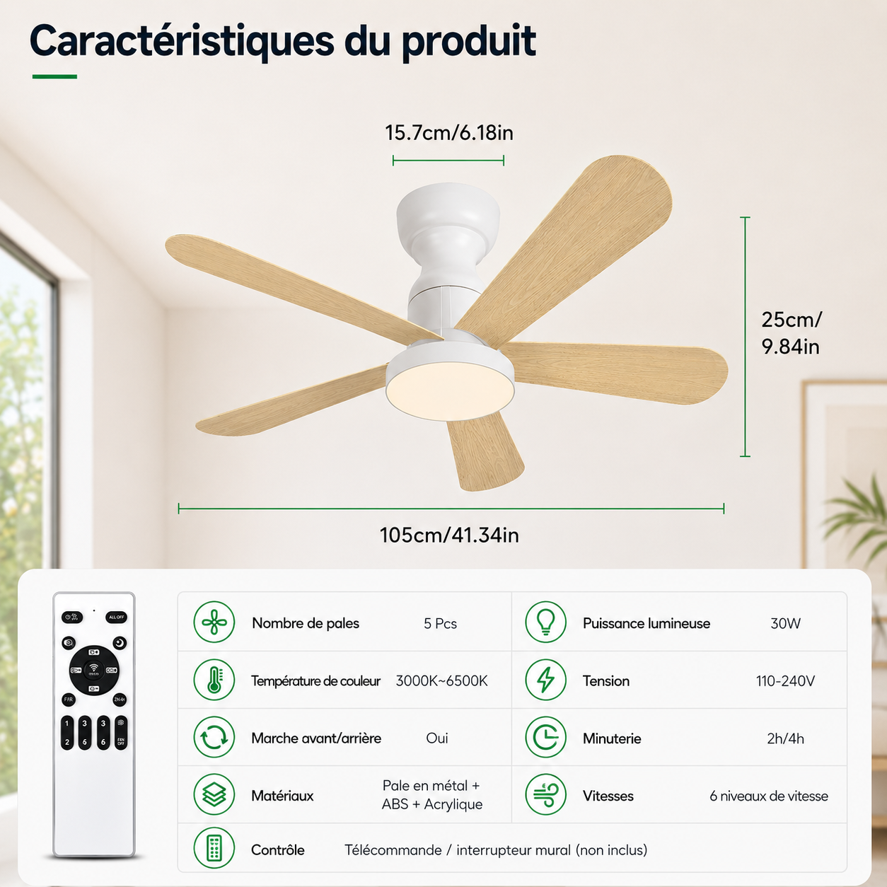 Ventilateur de Plafond Fendelier - Effet Bois Blanc 104cm LED