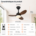 Ventilateur de Plafond Compact - Effet Bois Noir 63cm LED