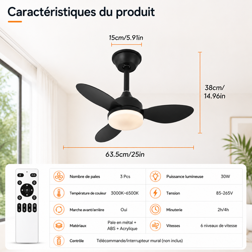 Ventilateur de Plafond Compact - Noir 63cm LED