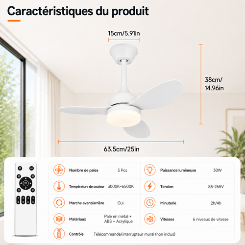 Ventilateur de Plafond Compact - Blanc 63cm LED