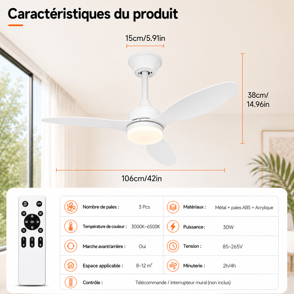 Ventilateur de Plafond Halo - Blanc 107cm LED