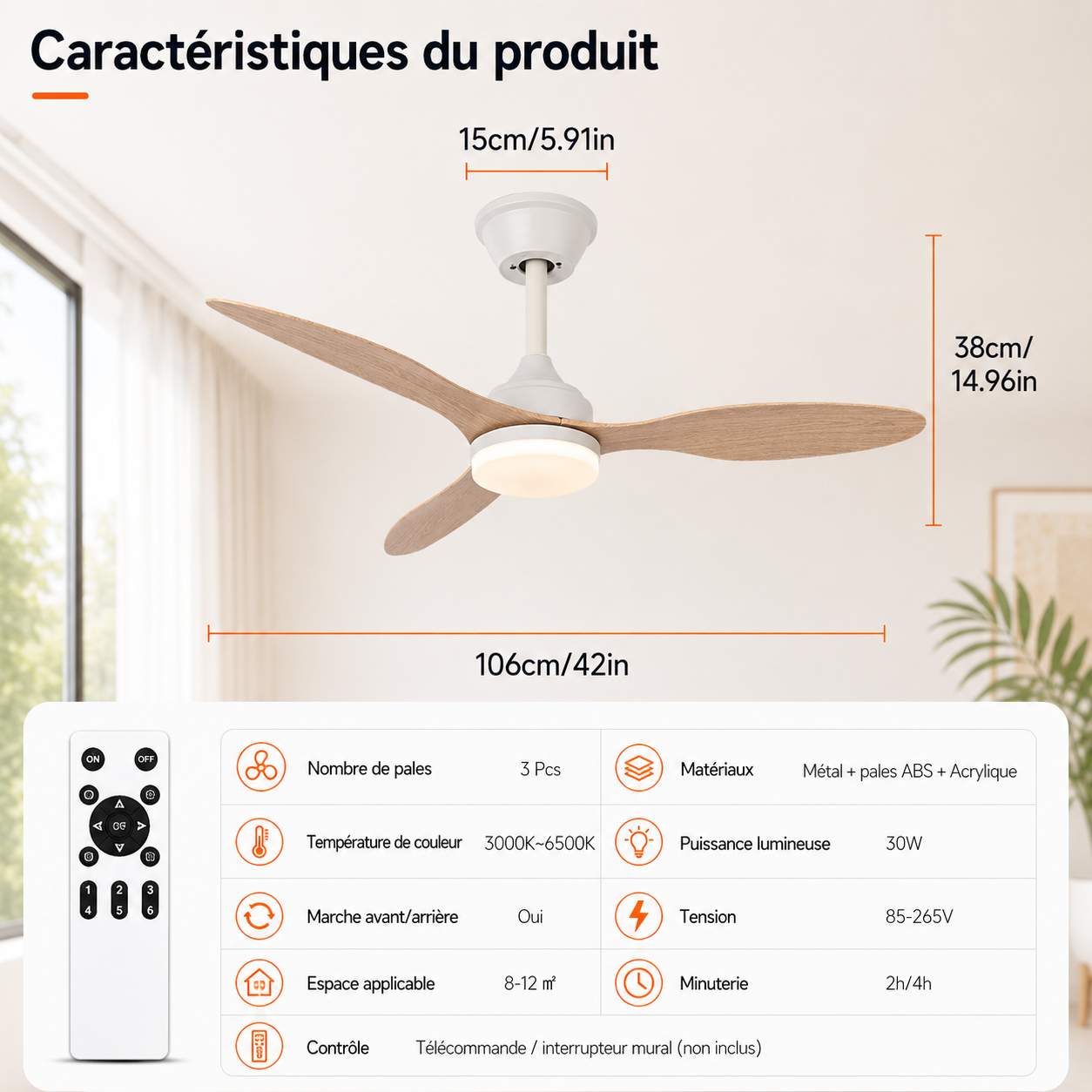 Ventilateur de Plafond Halo - Effet Bois Blanc 107cm LED