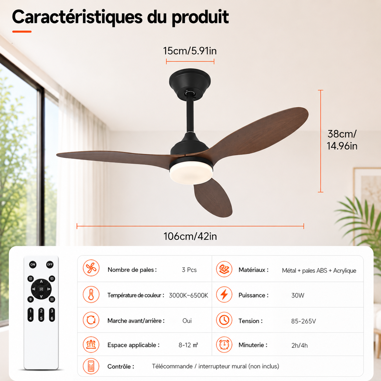 Ventilateur de Plafond Halo - Effet Bois Noir 107cm LED