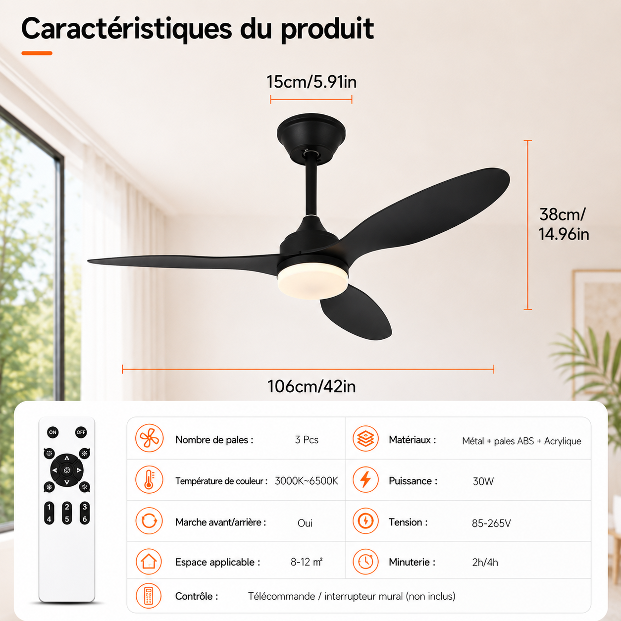 Ventilateur de Plafond Halo - Noir 107cm LED