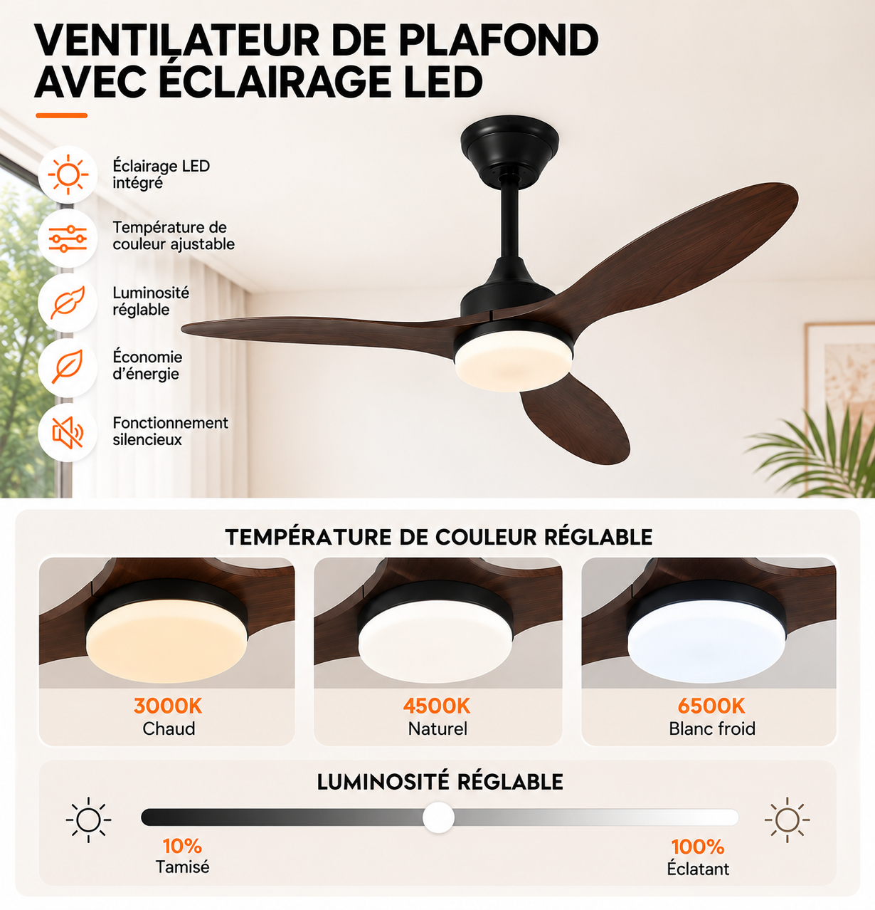 Ventilateur de Plafond Halo - Effet Bois Noir 107cm LED
