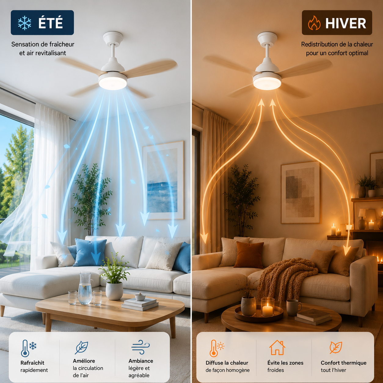 Ventilateur de Plafond Fendelier - Effet Bois Blanc 104cm LED
