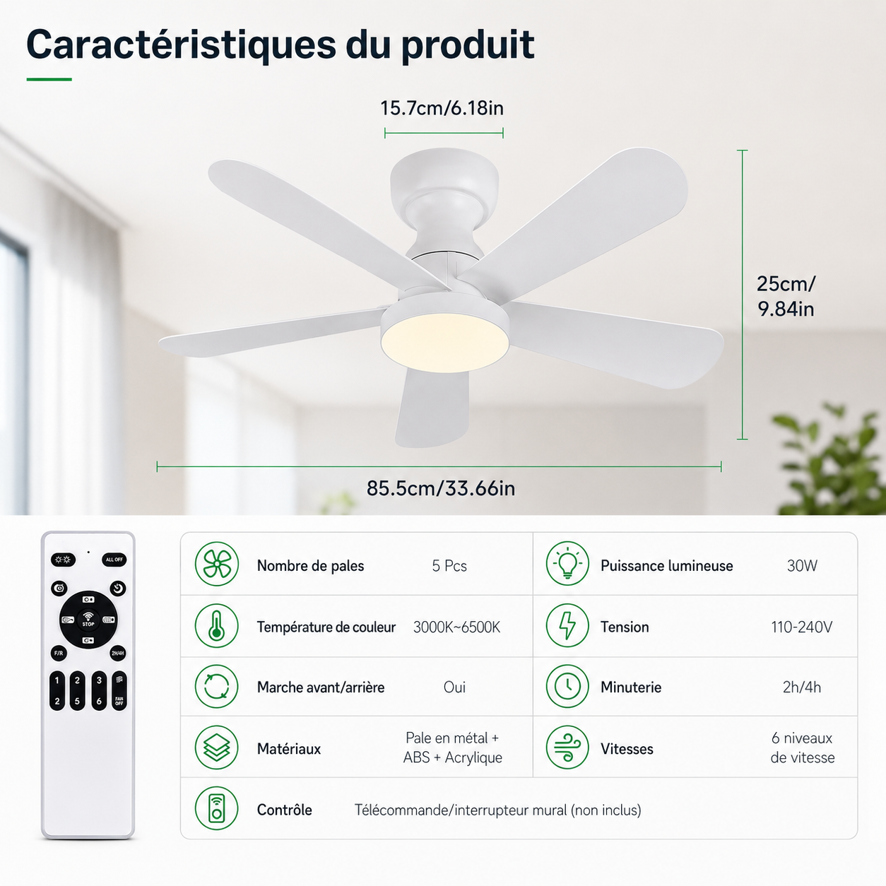 Ventilateur de Plafond Fendelier - Blanc 86cm LED