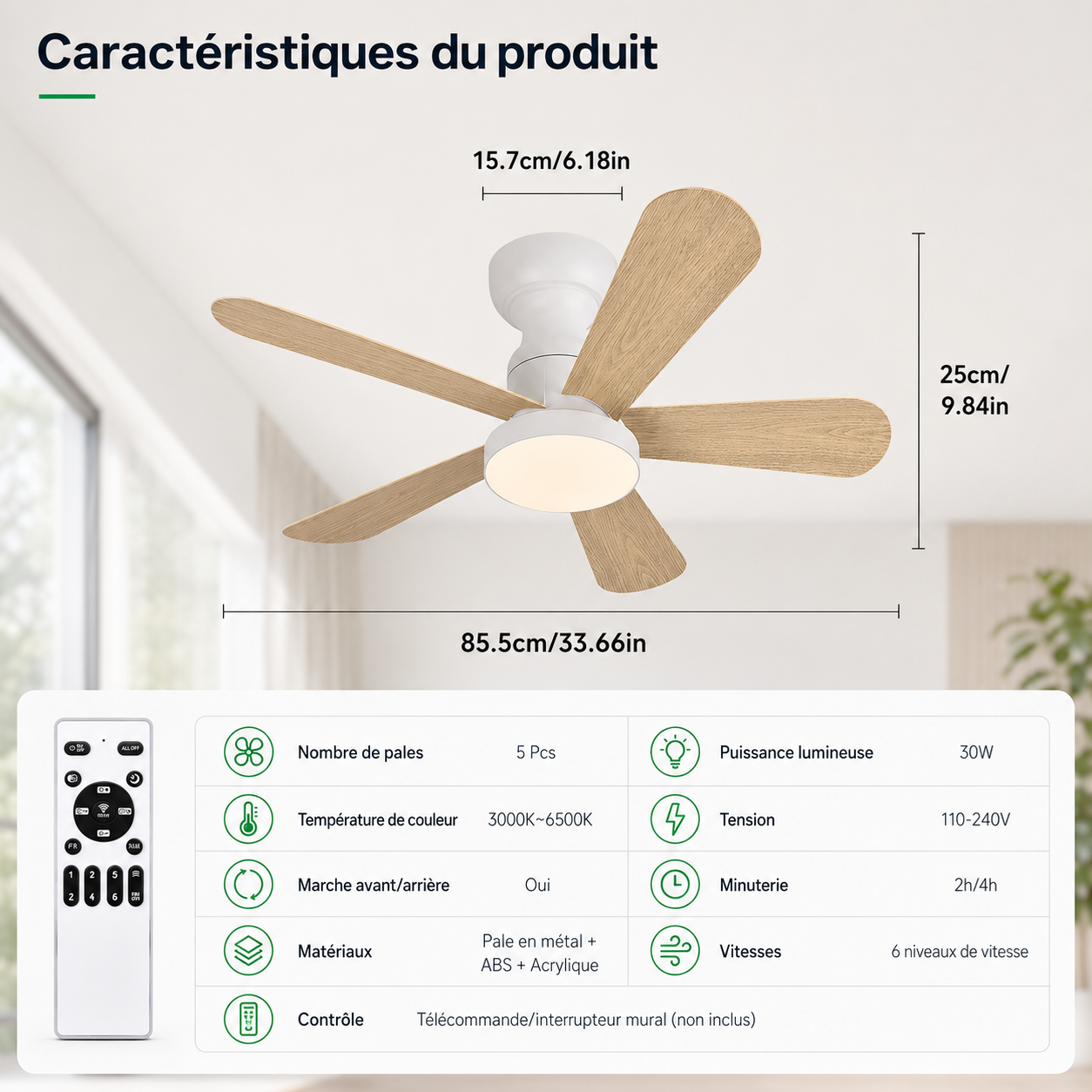 Ventilateur de Plafond Fendelier - Effet Bois Blanc 86cm LED