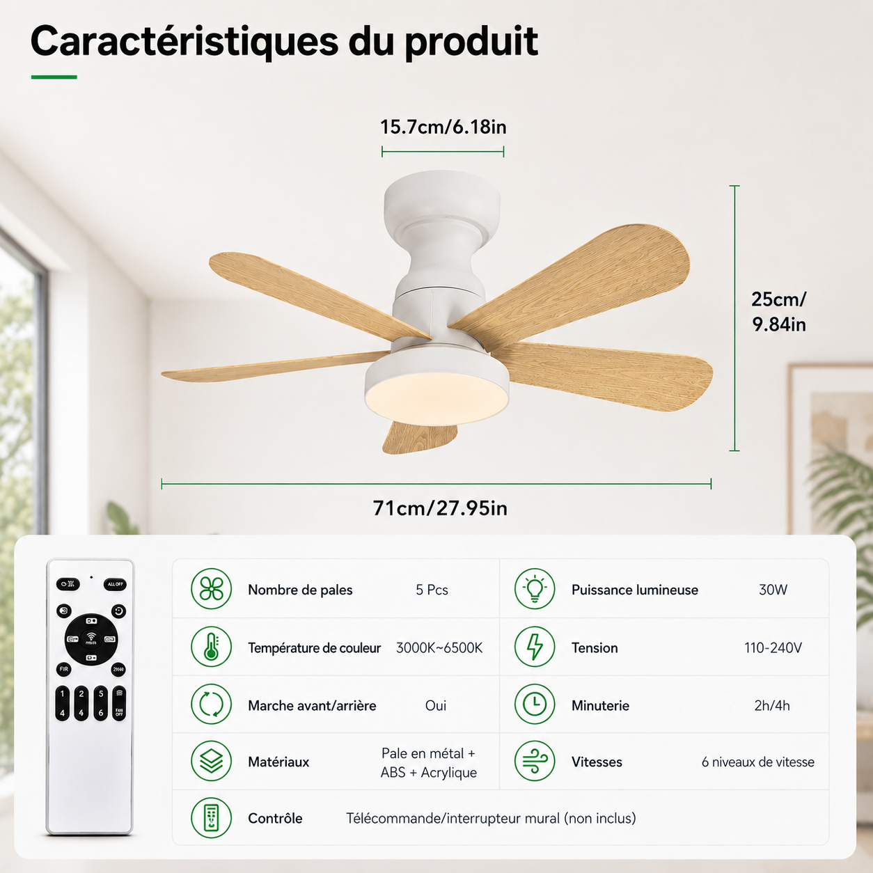 Ventilateur de Plafond Fendelier - Effet Bois Blanc 71cm LED
