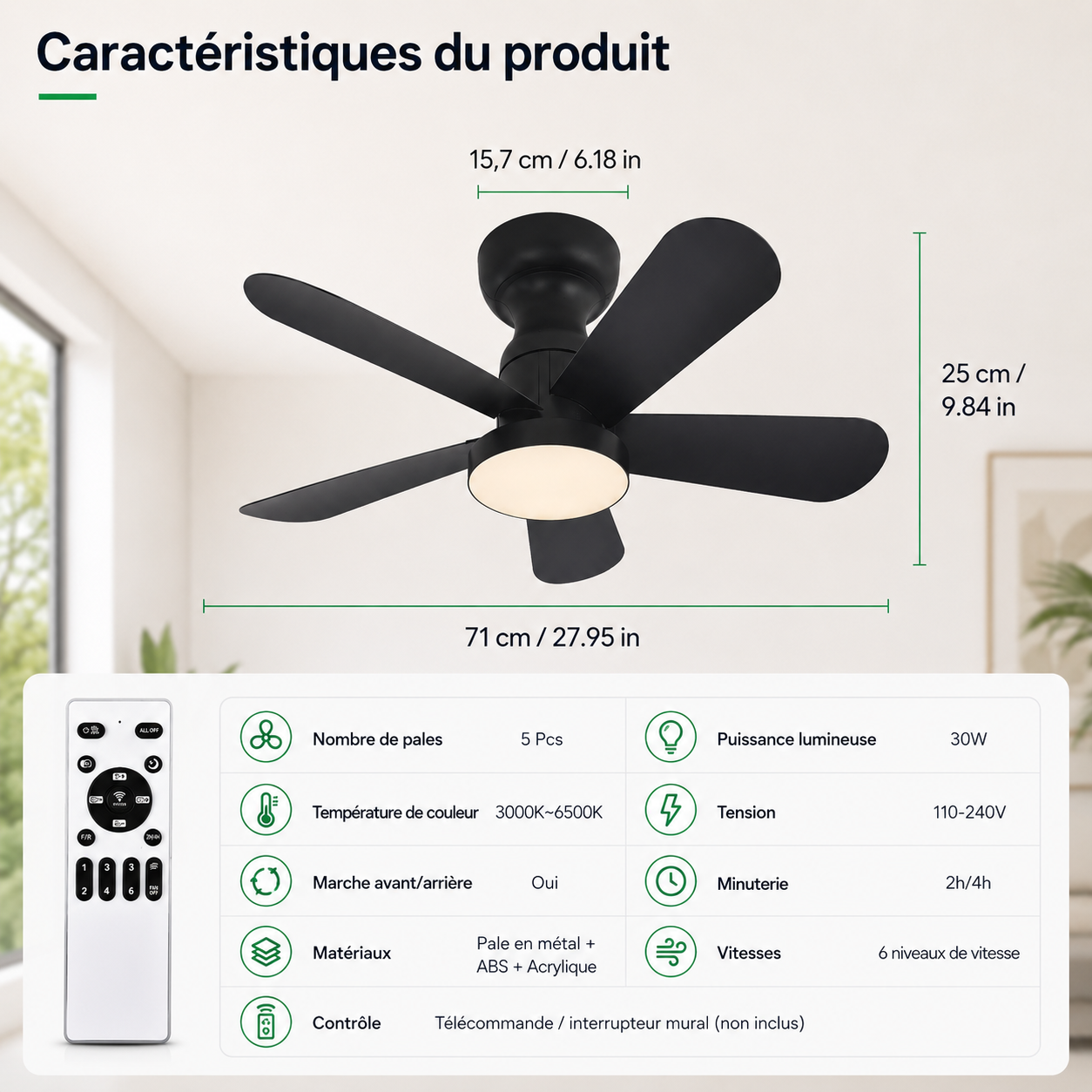 Ventilateur de Plafond Fendelier - Noir 71cm LED