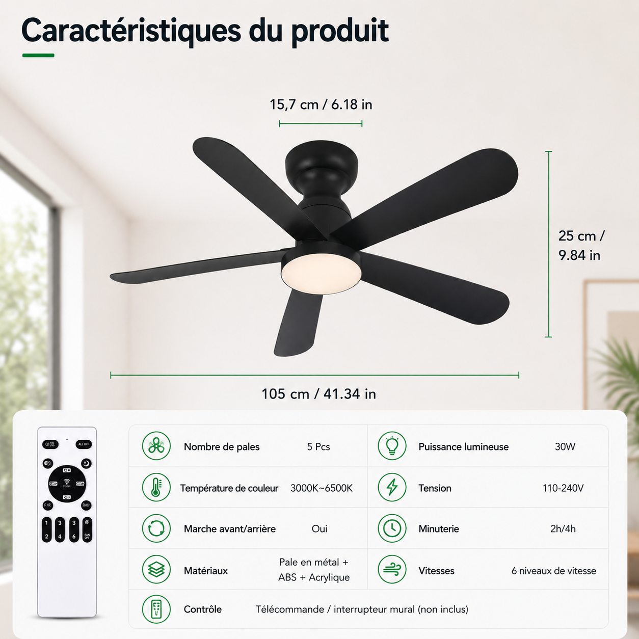 Ventilateur de Plafond Fendelier - Noir 104cm LED