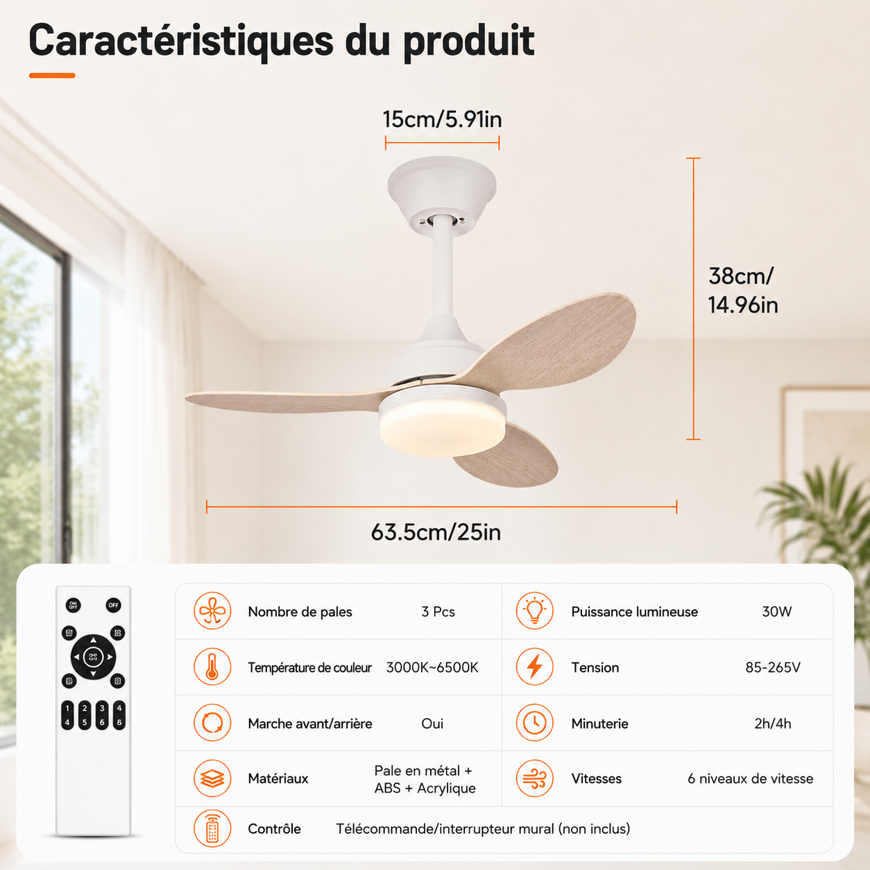 Ventilateur de Plafond Compact - Effet Bois Blanc 63cm LED