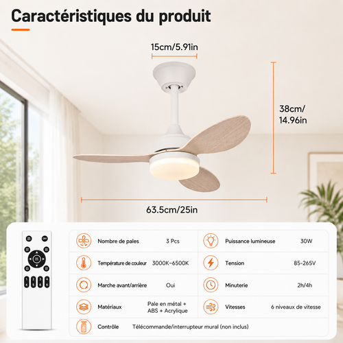 Ventilateur de Plafond Compact - Effet Bois Blanc 63cm LED