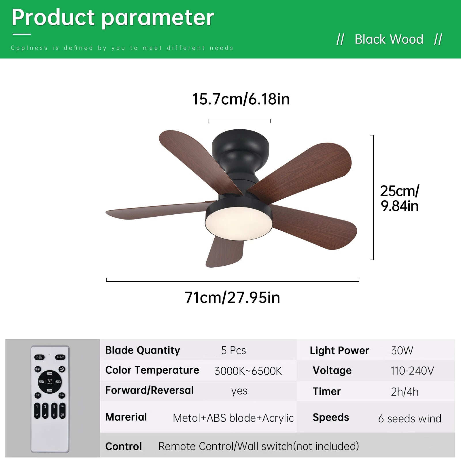 Ventilateur de Plafond Fendelier - Effet Bois Noir 71cm LED