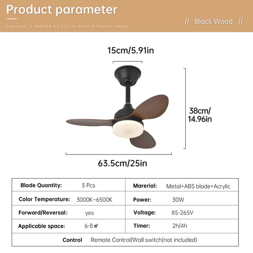 Ventilateur de Plafond Compact - Effet Bois Noir 63cm LED
