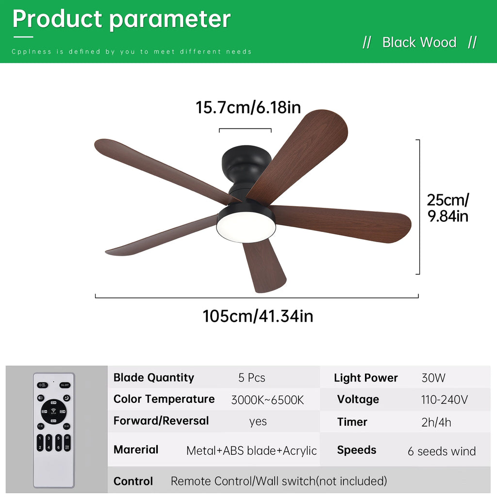 Ventilateur de Plafond Fendelier - Effet Bois Noir 86cm LED