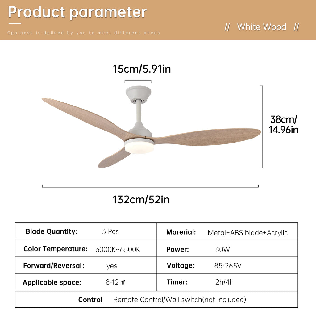 Ventilateur de Plafond Halo - Effet Bois Blanc 107cm LED
