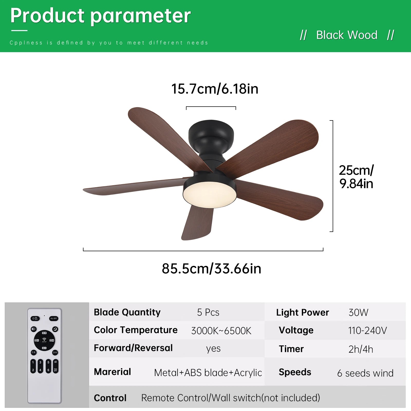 Ventilateur de Plafond Fendelier - Effet Bois Noir 71cm LED
