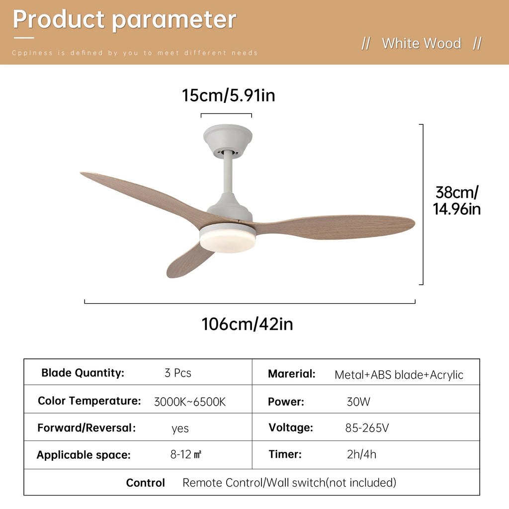 Ventilateur de Plafond Halo - Effet Bois Blanc 107cm LED