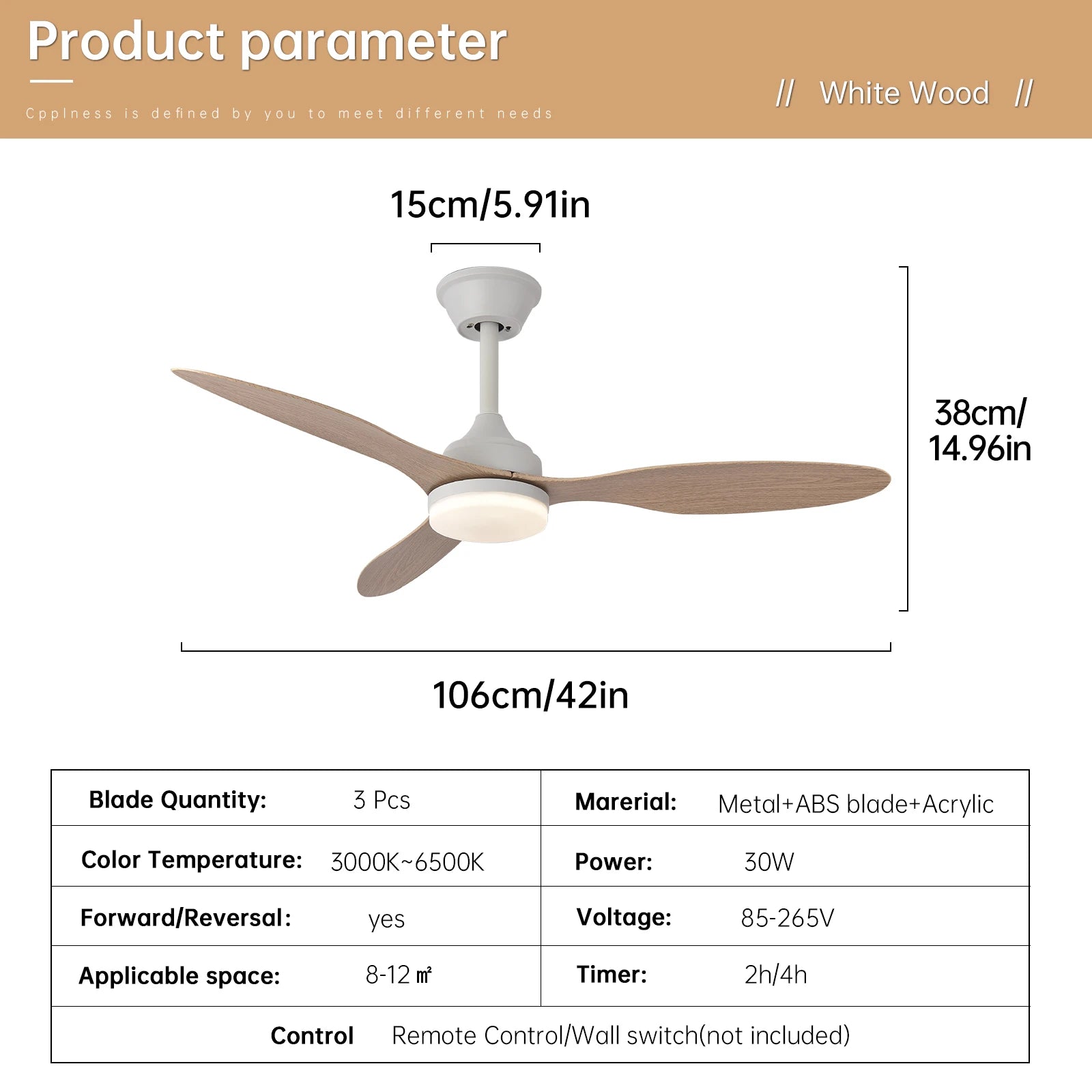 Ventilateur de Plafond Halo - Effet Bois Blanc 107cm LED