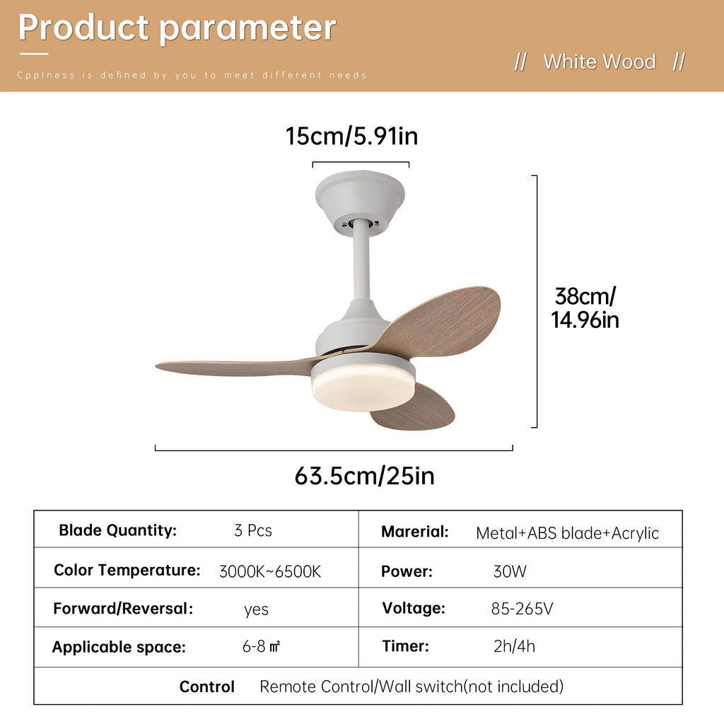 Ventilateur de Plafond Compact - Effet Bois Blanc 63cm LED