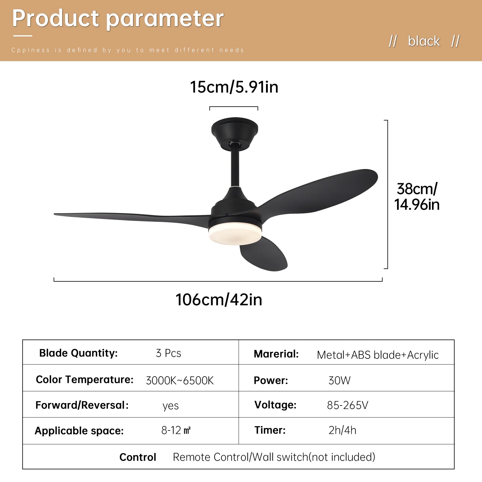 Ventilateur de Plafond Halo - Noir 107cm LED