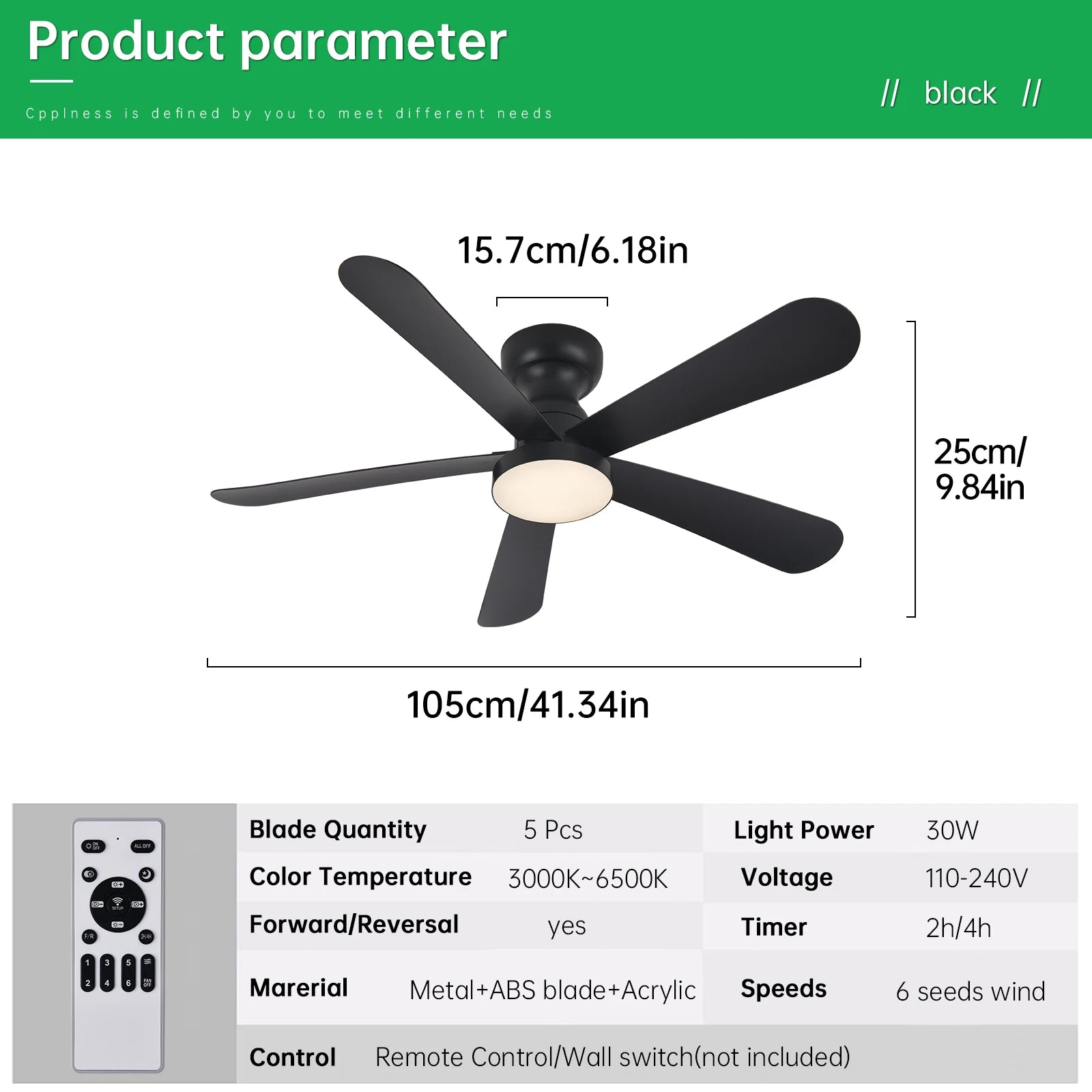 Ventilateur de Plafond Fendelier - Noir 104cm LED