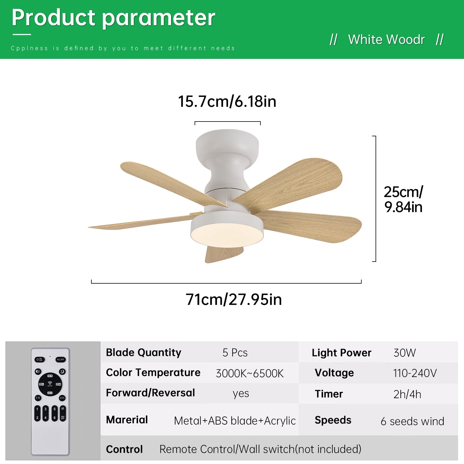 Ventilateur de Plafond Fendelier - Effet Bois Blanc 104cm LED