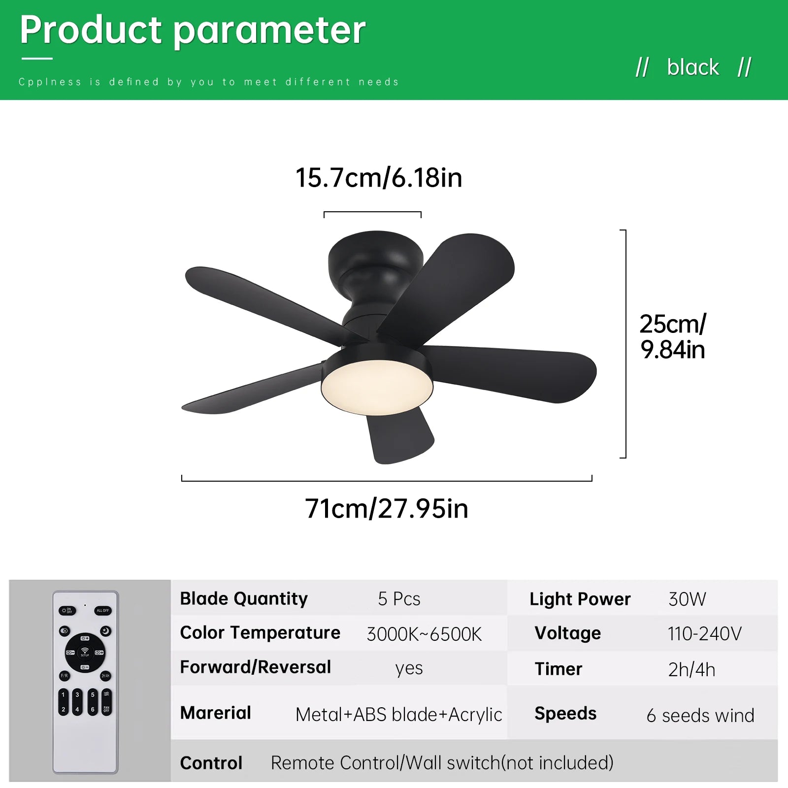 Ventilateur de Plafond Fendelier - Noir 71cm LED
