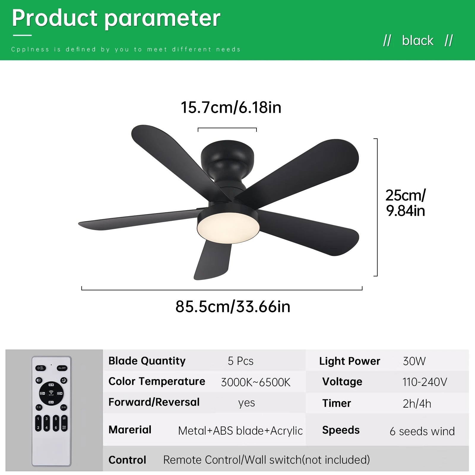 Ventilateur de Plafond Fendelier - Noir 71cm LED