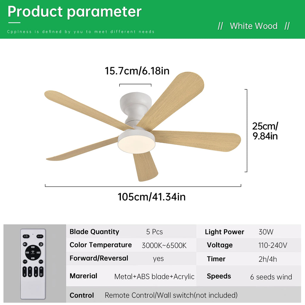 Ventilateur de Plafond Fendelier - Effet Bois Blanc 71cm LED